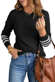 Green Striped Sleeve Plain Knit Sweater