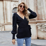 Autumn Winter New Lace up Office V neck Sweater Women Loose plus Size Fashionable Knitted Cardigan