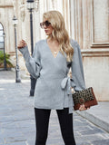 Autumn Winter New Lace up Office V neck Sweater Women Loose plus Size Fashionable Knitted Cardigan