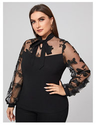 Plus Size Autumn Winter Women Clothes Solid Color Mesh Stitching Long Sleeves Lace-up Shirt