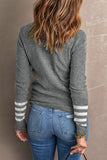 Green Striped Sleeve Plain Knit Sweater