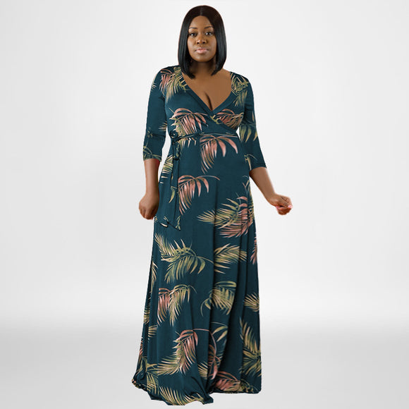 Large Swing Dress Leaf Printed Deep V Plunge Plunge with Belt Long plus Size Women Clothes Dress Plus Size