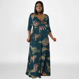 Large Swing Dress Leaf Printed Deep V Plunge Plunge with Belt Long plus Size Women Clothes Dress Plus Size