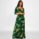 Large Swing Dress Leaf Printed Deep V Plunge Plunge with Belt Long plus Size Women Clothes Dress Plus Size