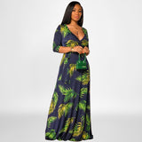 Large Swing Dress Leaf Printed Deep V Plunge Plunge with Belt Long plus Size Women Clothes Dress Plus Size