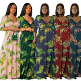 Large Swing Dress Leaf Printed Deep V Plunge Plunge with Belt Long plus Size Women Clothes Dress Plus Size