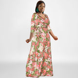 Dress Floral Print with Belt High Waist plus Size Women Dress