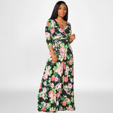 Dress Floral Print with Belt High Waist plus Size Women Dress