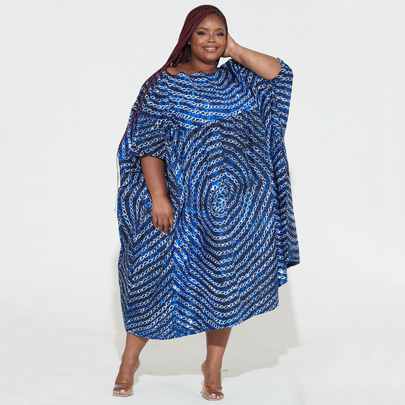 Plus Size Dress Women Off-Neck Printed High Waist Loose Big Hem Dress