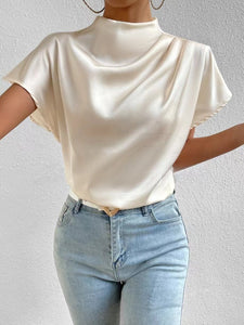Round Neck Short Sleeve Left Shoulder Pleated T shirt Satin Women Top
