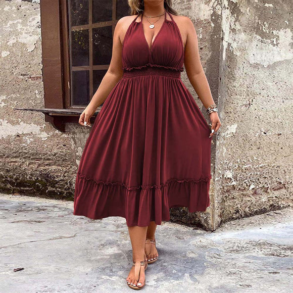 Plus Size Women Roman Vacation Dress Summer V neck Halter Midi Dress