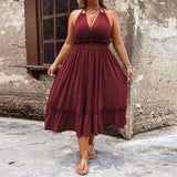 Plus Size Women Roman Vacation Dress Summer V neck Halter Midi Dress