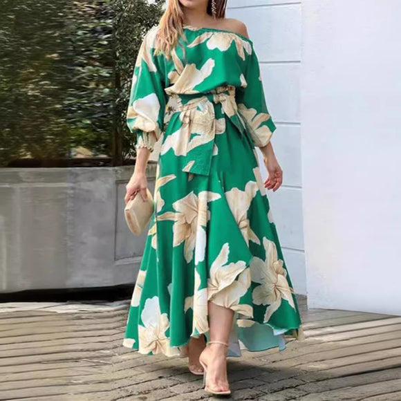 Plus Size Spring Summer Women Printed off Shoulder Elegant Dress