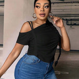 Plus Size Women Clothing Summer Slim off Shoulder Diagonal Collar Solid Color T shirt Top