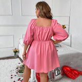 Plus Size French Square Collar Dress Long Sleeve Puff Sleeve A line Casual Short Mini Dress