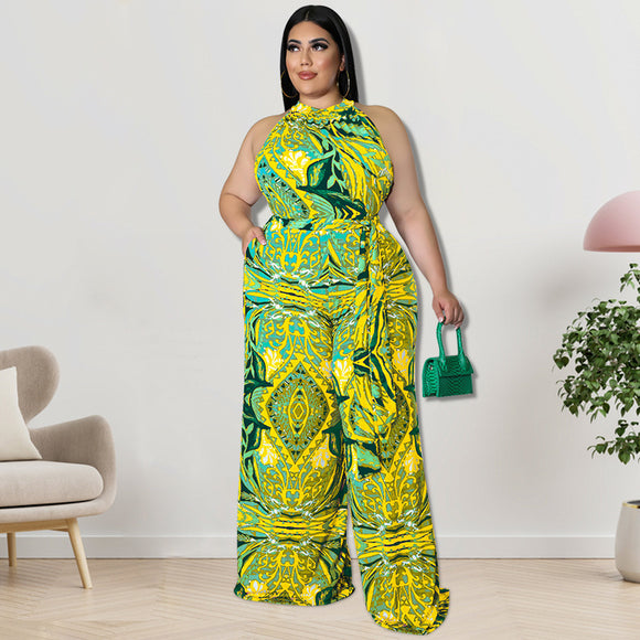 Plus Size Women Clothes Printing Collar Jumpsuit