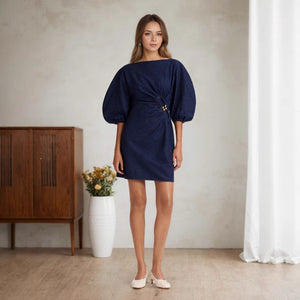 Puff Sleeve Word Collar Twisted Metal Buckle Embellished Decorative Imitation Denim Ladies Dress High End
