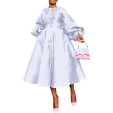 Women Clothing Autumn Winter Solid Color Glossy Loose Button Lantern Sleeve Dress