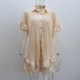 Shorts Short Sleeved Shirt Two Piece Women  Loose Pleated Wooden Ear Casual sets