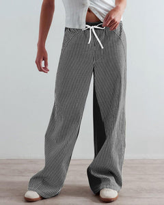 Women Striped Wide Leg Jeans Spring Autumn Casual Loose Color Matching Slimming Straight Draped Pants