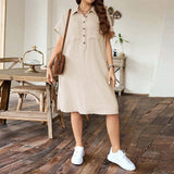 Plus Size Summer Women Loose Casual Shirt Dress Turn down Collar Short Sleeve Solid Color Dress