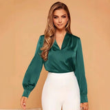 Women V neck Shirt Tops Fall Long Sleeve Satin Shirt