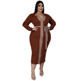 Plus Size Women Clothing Autumn Winter Multi-Color Mosaic Lace-up Elegant Sexy Dress for Women