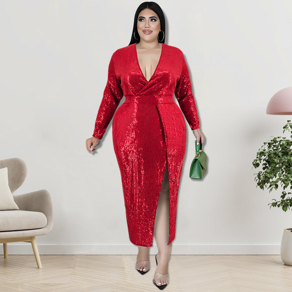 Plus Size Fall Women Clothing Velvet Bottom Embroidered Sequined Dress