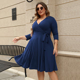 Plus Size Women Clothing V Neck Flounce Dress Summer Elegant Lady High Waist A line Dress