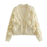 Three Dimensional Fur Ball Mink like Long Sleeved Knitted Cardigan Autumn All Matching V neck Sweater Coat