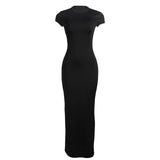 Solid Color Round Neck Pullover Short Sleeve Slim Sheath Long Women Dress