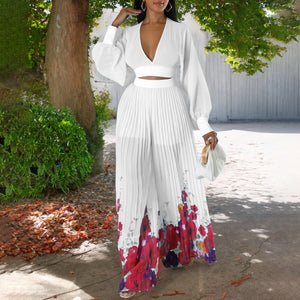 Women Clothing Autumn Elegant Chiffon V Neck Pleated Top Printed Wide Leg Pants Suit