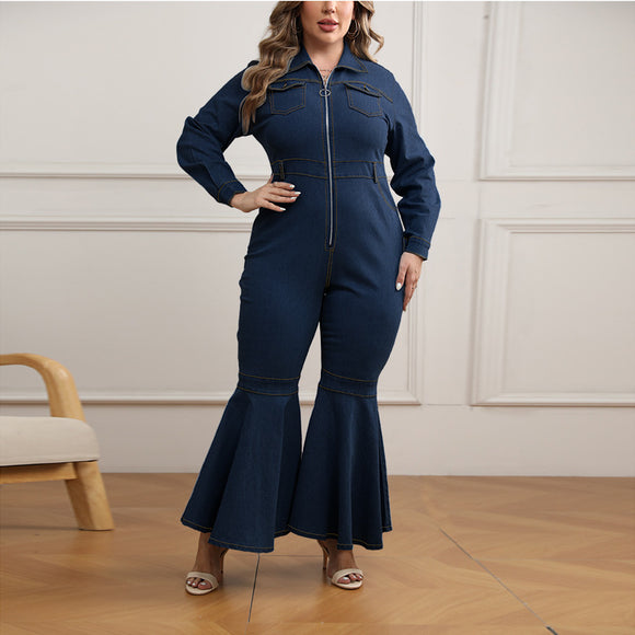 Plus Size Women Denim Zipper Collared Long Sleeve Flared Jumpsuit