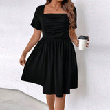 plus Size Women Clothes Spring Summer Shein Square Neck Cinched Short Sleeve Dress