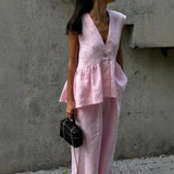 Summer Deep V Plunge Button Sleeveless Top Baggy Straight Trousers Solid Color Set