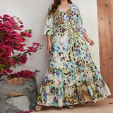 Plus Size Middle East High Pin Oversized Women Summer Chiffon Printed Mid Sleeve Long Holiday Dress
