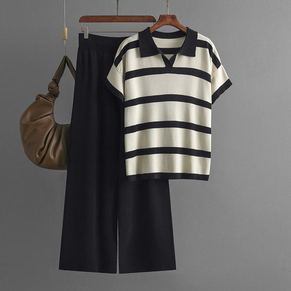 Summer Mixed Color Stripe Polo Collar Casual Short Sleeve Knitted Top Solid Color Loose Wide Leg Pants Two Piece Set