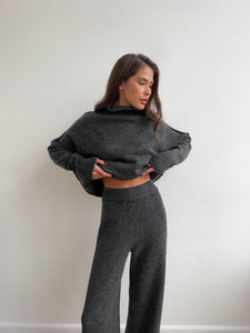 High Neck Split Wool Sweater Women Loose Casual Lazy Knitted Trousers Two Piece Set