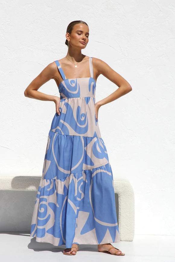 Spring Summer Simple Printing Suspenders Large Swing Dress