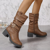 Brown Pleated Side Zipper Rivet Mid Calf Chunky Heel Thick Bottom round Toe All Matching Casual Women Boots