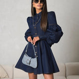 Denim Shirt Dress Niche Design Lantern Sleeve Lace up Graceful Fashionable Dress