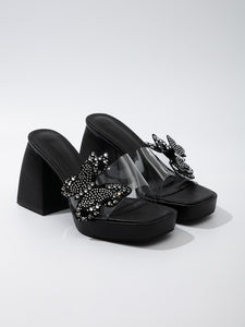 Heels Transparent High Heel Sandals Women Butterfly Rhinestone Thick Bottom Chunky Heel Slippers