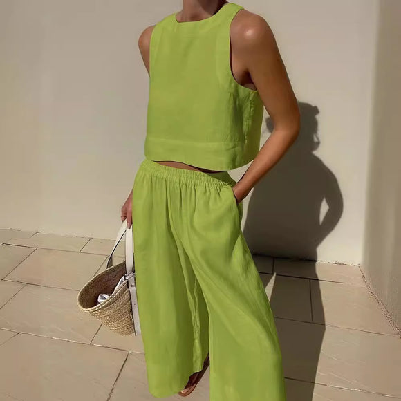 Casual plus Size Loose Solid Color Sleeveless Shirt Trousers Two Piece Sets