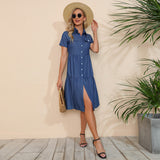 Collared Retro Casual Solid Color Denim Shirt Short Sleeve Dress