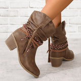 Pleated Tassel Chunky Heel High Heel Height Increasing Women Tassel Boots Braid round Head Women Mid Boots