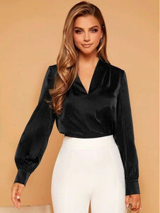 Women V neck Shirt Tops Fall Long Sleeve Satin Shirt