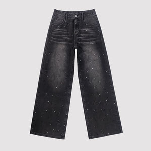 Starry Sky Loose Comfortable Women Casual All Matching Straight Pants Blingbling Popular Rhinestone Jeans