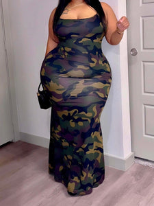 Plus Size Women Clothing Printed Sheath Spaghetti Strap Sling Dress