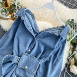Women Clothing Design Lace up More than Fitted Waist Backless Wear Bag Denim Shirt Women