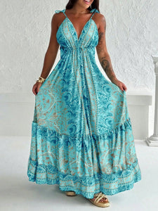 Women Clothing Summer Elegant V neck Sling Large Long Dress